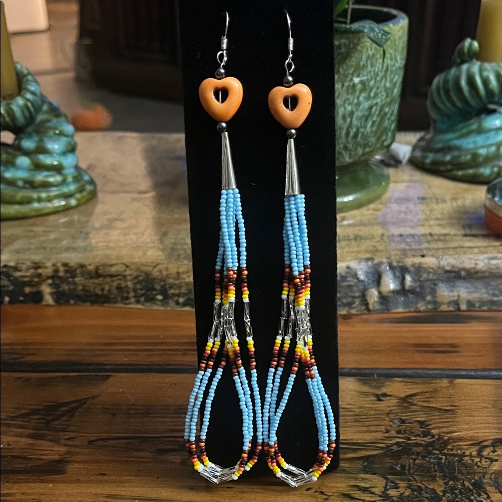 Artisan Heart Beaded Earrings with Blue and Brown Beads